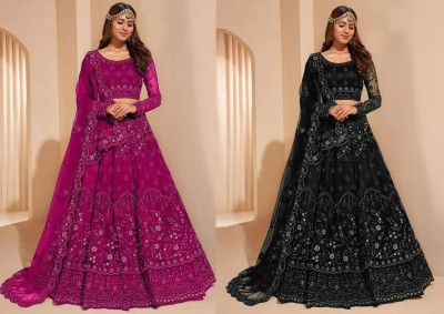 Udbhav Export Embroidered Semi Stitched Lehenga Choli(Black, Pink)