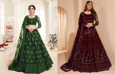 Udbhav Export Embroidered Semi Stitched Lehenga Choli(Dark Green, Maroon)