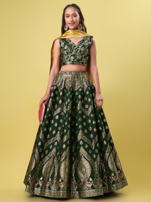 PURVAJA Embellished Semi Stitched Lehenga Choli(Dark Green)