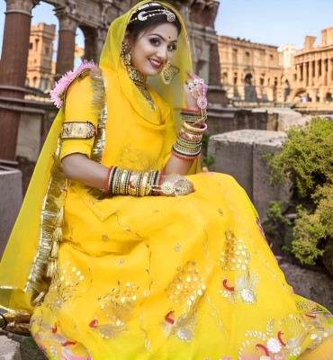 Anjani Textile Embroidered Semi Stitched Rajasthani Poshak(Yellow)