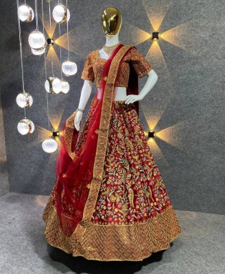 PrisyFashion Embroidered Semi Stitched Lehenga Choli(Maroon)