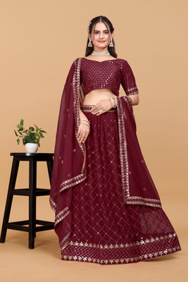 HOUSE OF COMMON Embroidered, Self Design Semi Stitched Lehenga Choli(Maroon)