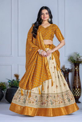 Apnisha Printed Semi Stitched Lehenga Choli(Yellow)