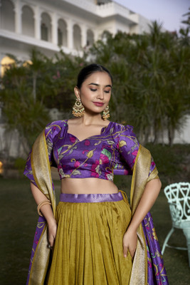 JANVI CREATION Printed Semi Stitched Lehenga Choli(Yellow, Green)