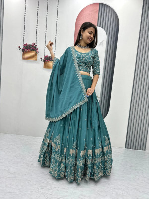 SHENKY Embroidered Semi Stitched Lehenga Choli(Light Blue)