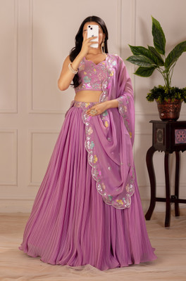 HustlePehen Embroidered, Chevron/Zig Zag Stitched Lehenga Choli(Pink, Yellow, Pink)