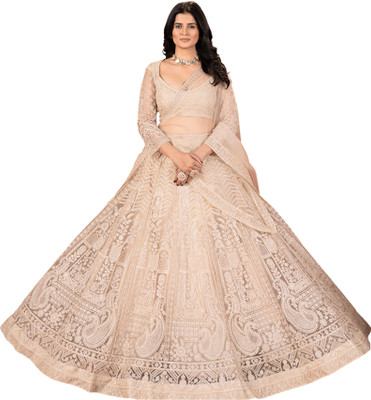 IYALAFAB Embroidered Semi Stitched Lehenga Choli(Beige)