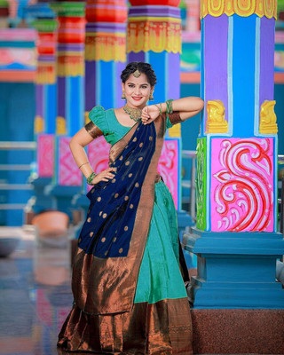 HOUSE OF COMMON Printed Semi Stitched Lehenga Choli(Blue, Dark Blue)
