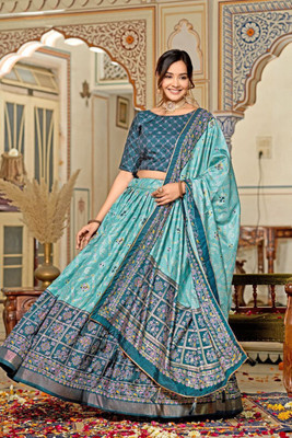 ESOMIC Printed Semi Stitched Lehenga Choli(Light Blue)