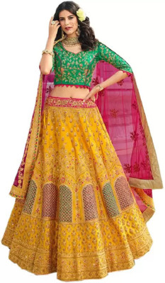 Fashion Filament – Live Your Fashion Embroidered Semi Stitched Lehenga Choli(Yellow)