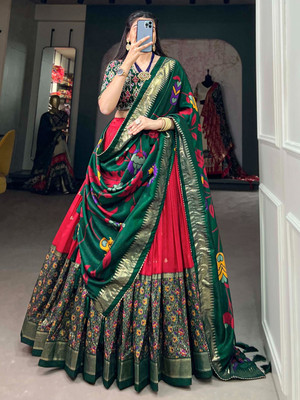 HEM SELLES Floral Print Semi Stitched Lehenga Choli(Red)