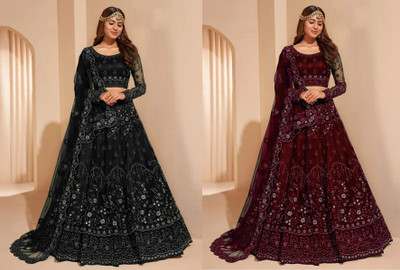 Udbhav Export Embroidered Semi Stitched Lehenga Choli(Maroon, Black)