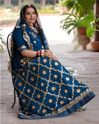 bhojal xcreation Embroidered Semi Stitched Rajasthani Poshak(Light Blue)