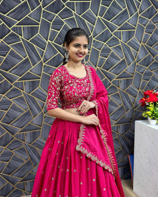 HK TEX Embroidered Semi Stitched Lehenga Choli(Pink)