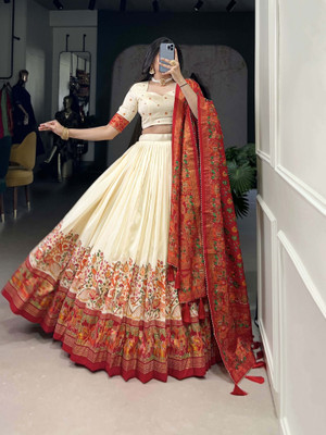 Julee Printed Semi Stitched Lehenga Choli(White)