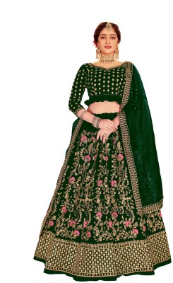 FINIVOIR Embroidered Semi Stitched Lehenga Choli(Green)