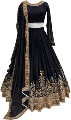 KAPANKU Embroidered Semi Stitched Lehenga Choli(Gold, Black)