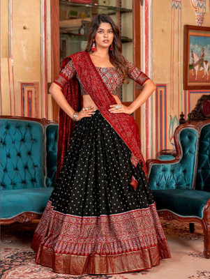 CynorHub Printed Semi Stitched Lehenga Choli(Black)