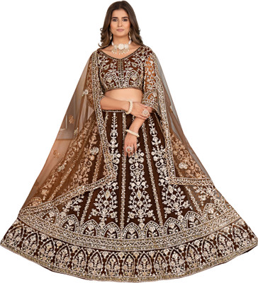 AHJANANDTEX Embroidered Semi Stitched Lehenga Choli(Brown)