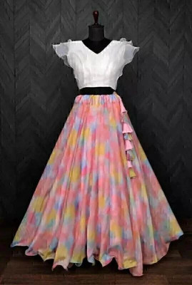 HOUSE OF COMMON Digital Print Semi Stitched Lehenga & Crop Top(Multicolor)