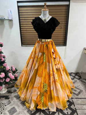 dibas Digital Print Semi Stitched Lehenga & Crop Top(Yellow)
