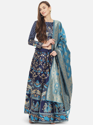 Divastri Self Design Semi Stitched Lehenga Choli(Dark Green, Light Blue)