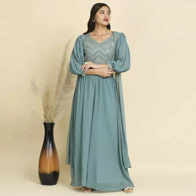 Madhuram Embroidered Stitched Lehenga & Crop Top(Light Green)