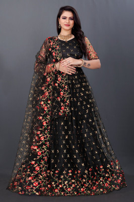 KV Fashion Embroidered Semi Stitched Lehenga Choli(Black)