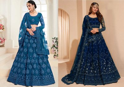 Reelove Factory Embroidered Semi Stitched Lehenga Choli(Blue, Dark Blue)