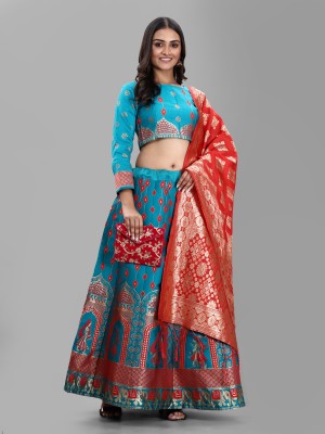 KAZIA Embellished, Floral Print, Self Design, Printed Semi Stitched Lehenga Choli(Light Blue)