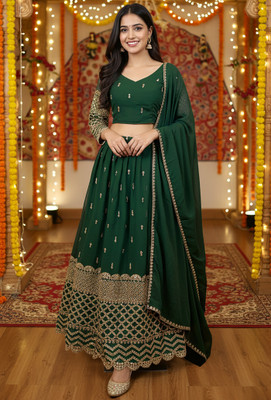 Kedar Fab Embroidered Semi Stitched Lehenga Choli(Green)