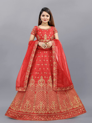 LADY SHOPI Embroidered Semi Stitched Lehenga Choli(Red)