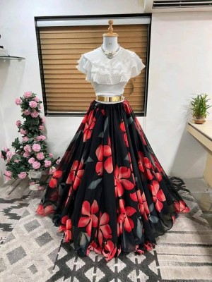 Aika Printed Stitched Lehenga & Crop Top(Black, Red)