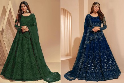 Udbhav Export Embroidered Semi Stitched Lehenga Choli(Green, Dark Blue)