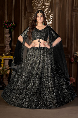 Yogik Creation Embroidered Semi Stitched Lehenga Choli(Black)