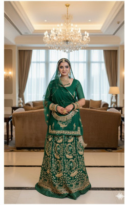 Shreemanji trading Embroidered Semi Stitched Rajputi Poshak(Dark Green)