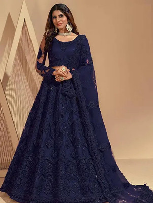 poshvue Embroidered Semi Stitched Lehenga Choli(Dark Blue)