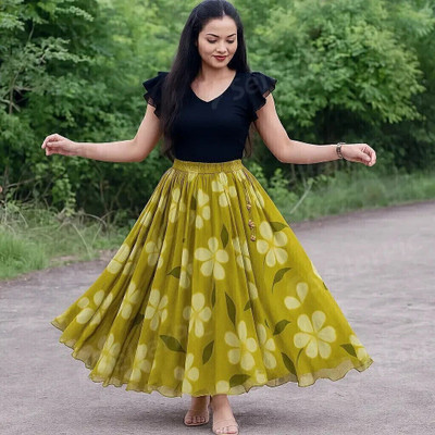 Ajfab Floral Print Stitched Lehenga & Crop Top(Green)