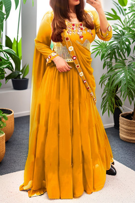 Hemlata Embroidered Semi Stitched Lehenga & Crop Top(Yellow)