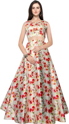 kaizen International Digital Print Semi Stitched Lehenga & Crop Top(White)