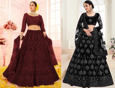 Udbhav Export Embellished Semi Stitched Lehenga Choli(Maroon, Black)