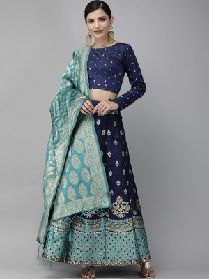 Fabcartz Self Design Semi Stitched Lehenga Choli(Light Green, Dark Blue)