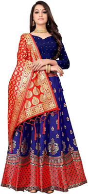 SWAMI STUDIO Self Design Semi Stitched Lehenga Choli(Blue, Red)