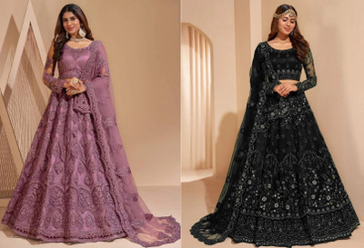 Udbhav Export Embroidered, Embellished Semi Stitched Lehenga Choli(Purple, Black)