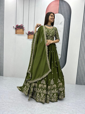 A To Z Cart Embroidered Semi Stitched Lehenga Choli(Green)