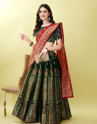 Harshiv Textile Self Design Semi Stitched Lehenga Choli(Green, Red)