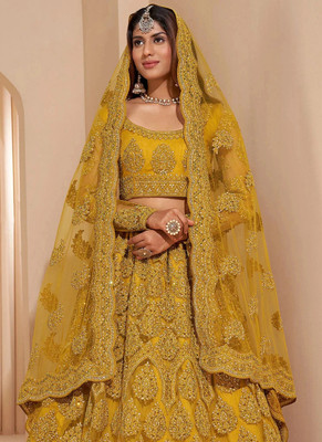 Cute Fellow Embroidered Semi Stitched Lehenga Choli(Yellow)