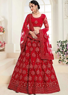 Udbhav Export Embroidered Semi Stitched Lehenga Choli(Red)