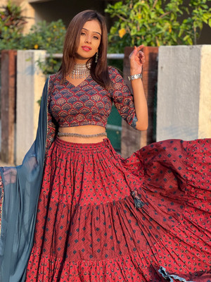 Janasya Printed Stitched Lehenga Choli(Maroon)