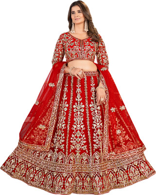 DEVAANSHFAB Embroidered Semi Stitched Lehenga Choli(Red)